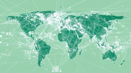 Global climate tech innovations visualized as a network of green energy sources linked across different countries