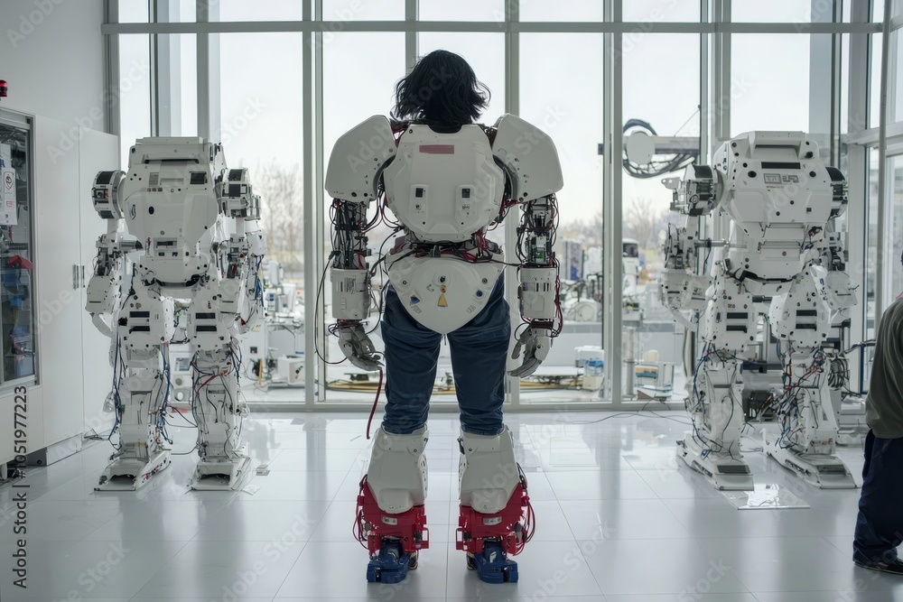 Poster Using a tablet to control a robotic arm, a man is operating an industry 4.0 automation line, which consists of sensors and robotic arms.