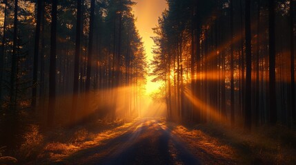 Obraz premium Golden Light Through Forest Trees and Path