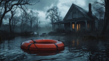 Fototapeta na wymiar Life ring and raft in front of a home during a flood. AI generated illustration