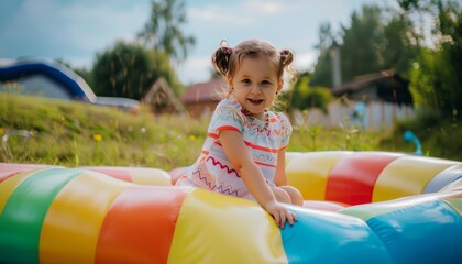 Obraz premium Sunny Smiles and Summer Fun: A Joyful Girl on an Inflatable Trampoline