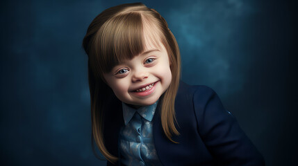 Portrait of smiling laughing girl child with Down syndrome blue background.