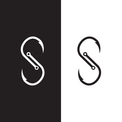 Obraz premium A minimalist vector logo featuring two fish hooks forming the letter “S.” Displayed in black and white variations, it symbolizes strength, balance, and precision