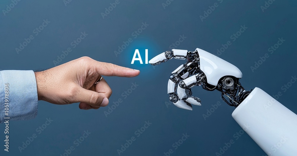 Poster In addition to AI and machine learning, robots and humans are touching on a big data network connection background, science and stock technology, innovation and futuristic communication.