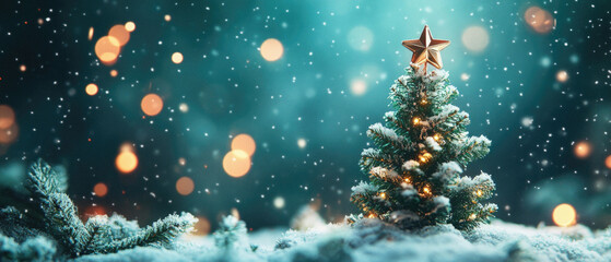 A Christmas tree with a star on top is lit up in the snow. The image has a festive and joyful mood,...