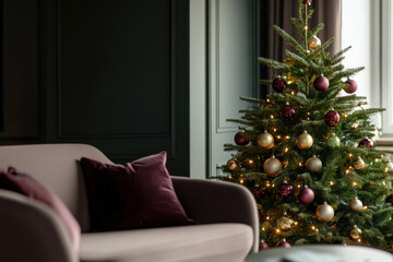 Close up Christmas tree decorated with balls in a living room. Modern cosy interior.