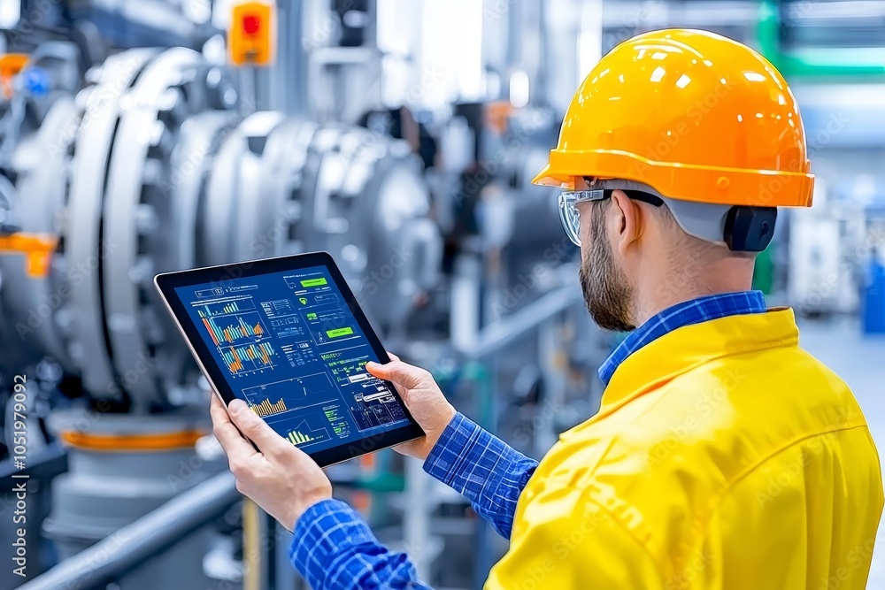 Aufkleber Conceptual image of smart industry control. Hands holding tablet on blurred automation machine background