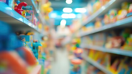 Fototapeta premium A blurred background of a bustling department store toy section, showcasing shelves and colorful toys with a soft, out-of-focus effect.