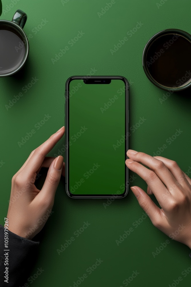 Poster a mockup image of a business person holding a smart mobile phone with a blank green screen during a 