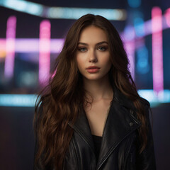 Fototapeta premium 23-year-old girl with long, wild brunet hair, photographed with a futuristic city and neon lights in the background