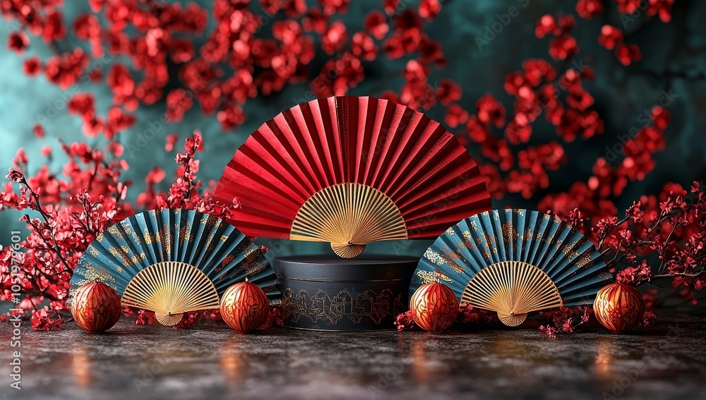 Poster Featured image is a mockup of an elegant golden podium display on a red abstract background, along with a hand-held paper fan. Making use of 3D rendering, it is designed for a simple product
