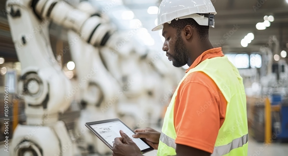 Poster Automation robot arm and manager-engineer connected to network by tablet with industry factory and factory automation robot arm by tablet. AI, stock.