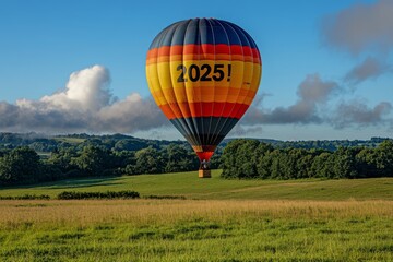 Fototapeta premium Hot Air Balloon Soaring Over Green Field