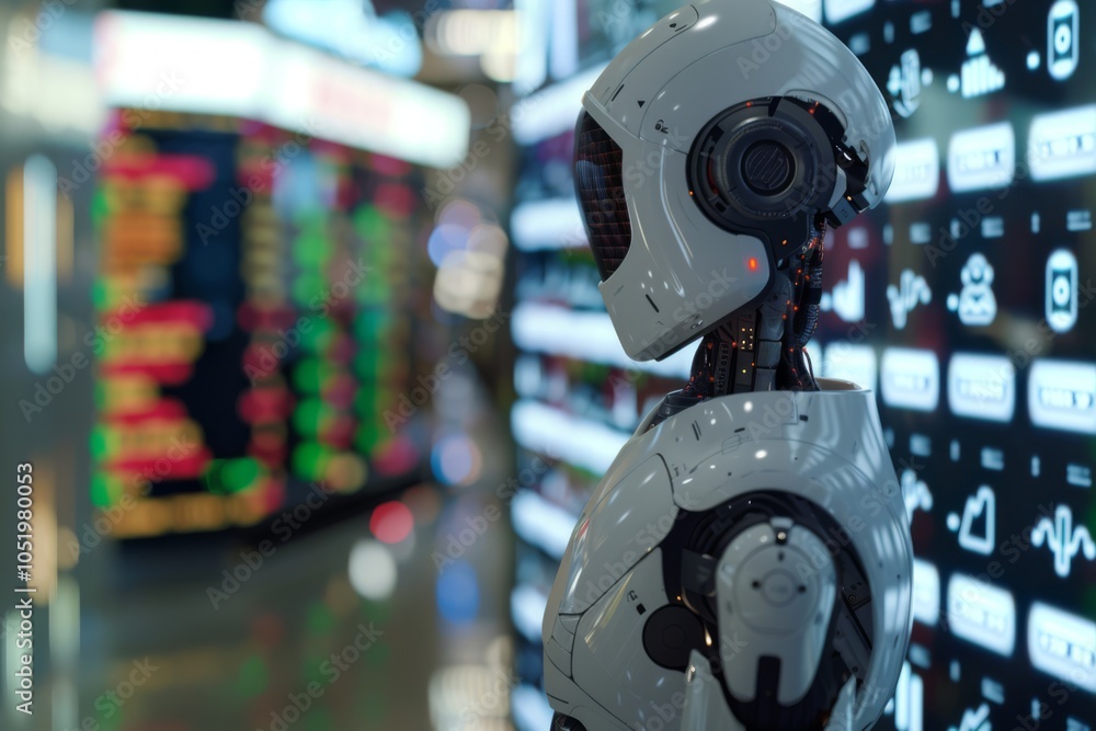 Poster futuristic robot analyzing data