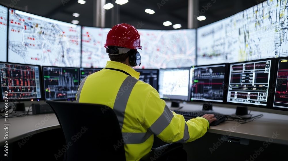 Poster Facility Operator Controls Workshop Production Line on Computer, Views Complex User Interfaces for Machine Operation Processes, Controllers, and Machinery Blueprints using Industry 4.0 Modern Factory