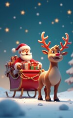 3D cartoon illustration of a reindeer pulling Santa Claus to give gifts