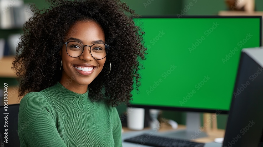 Aufkleber in a home living room, a latina female specialist sits at a table working on a desktop computer with
