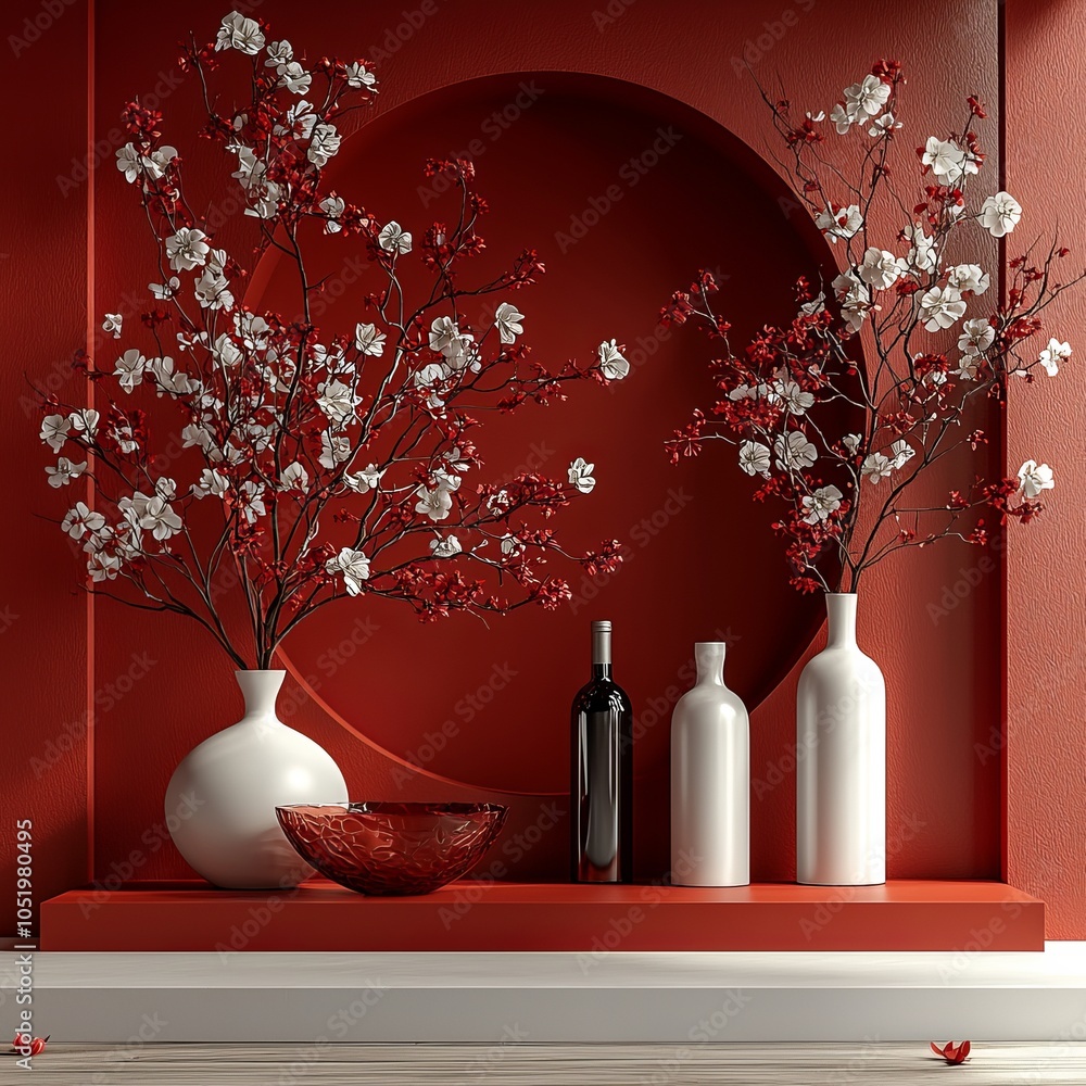 Fototapete Rendering of a monochrome red minimalist Chinese-style product display background. Can be used for Lunar New Year, Moon or Dragon Boot Festival events and products. Also used for Chinese, Korean, or