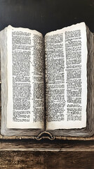 Obraz premium An open, aged book with yellowed pages and worn binding resting on a wooden surface.