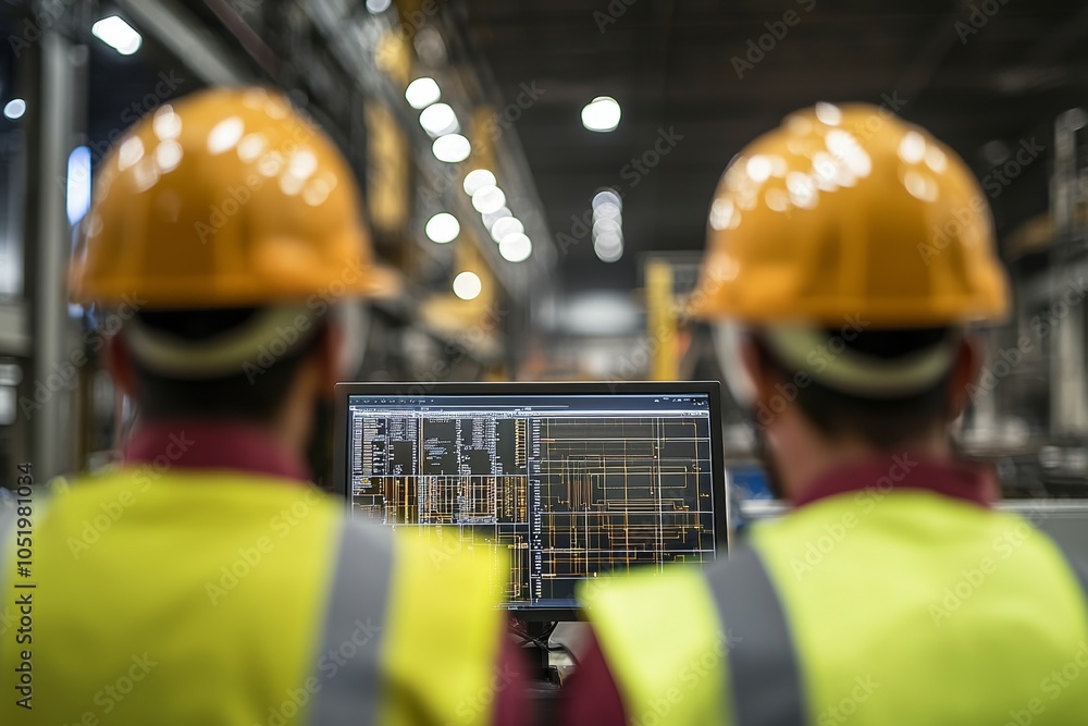 Poster Two engineers follow assembly process using SCADA system with AI technology and user interface on modern factory. Group of operators control production line using industry 4.0 and digital technology.
