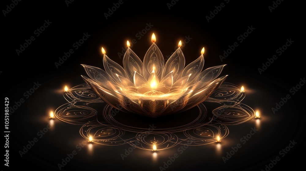 Poster glowing diya with intricate patterns illuminates dark, creating serene and festive atmosphere. warm 