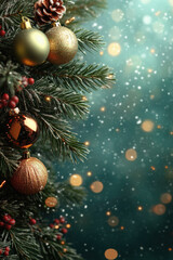 Obraz premium A Christmas tree with many ornaments and a blue background. The tree is decorated with gold and green ornaments