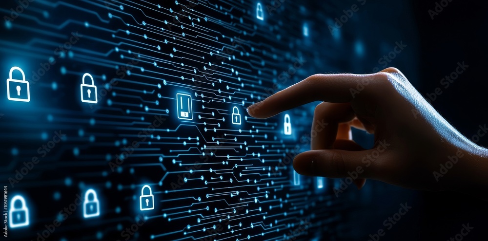Poster Data security and privacy protection through information technology. Password-protected document management system. Encrypted files on a computer or server. Finger touching the lock icon on an