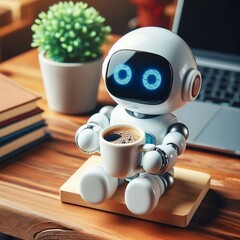 Miniature ai robot drinking coffee 