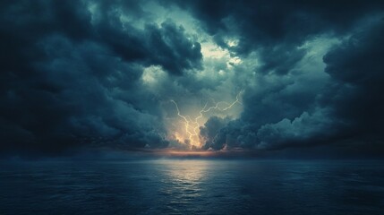 Approaching storm over the vast sea with dark clouds and lightning. AI generated illustration