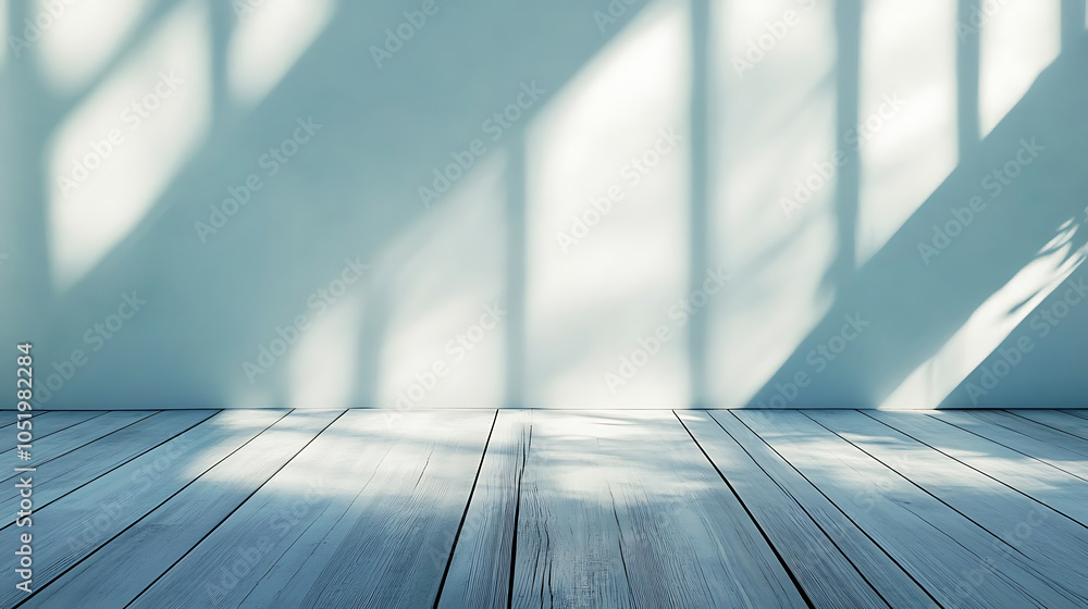 Fototapete simple light blue and gray wooden floor with soft shadows from the window, for product display or ba