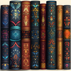 Close up of six ornate, decorative, vintage, leather-bound books with intricate patterns.