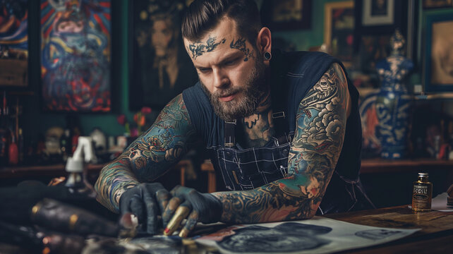 Hombre Tatuador en su Estudio de Arte Corporal