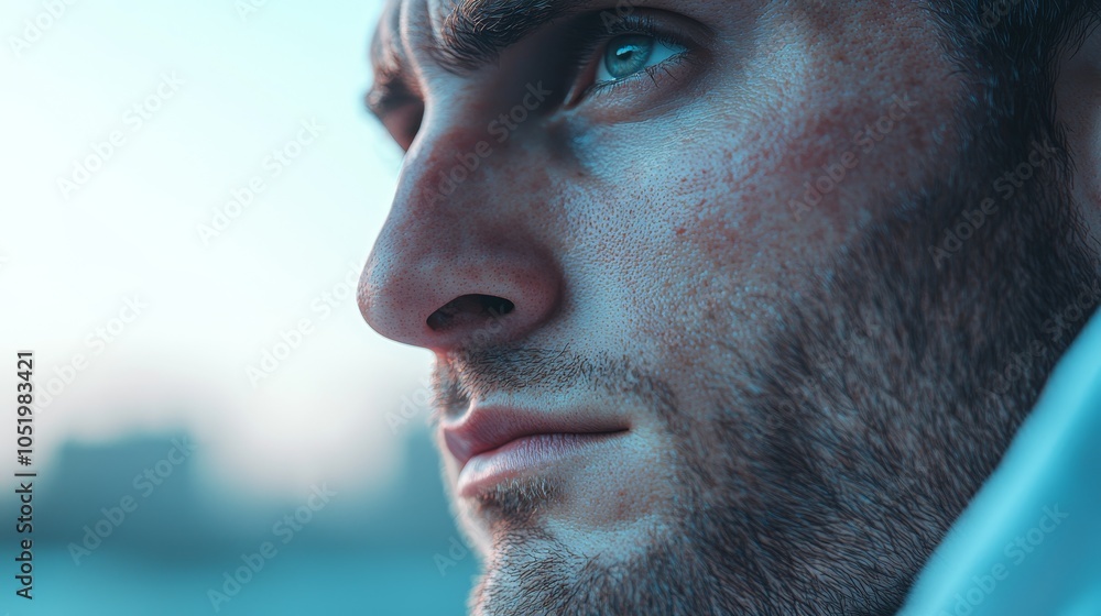 Poster introspective portrait of a young man capturing depth and emotion through powerful eye contact and e