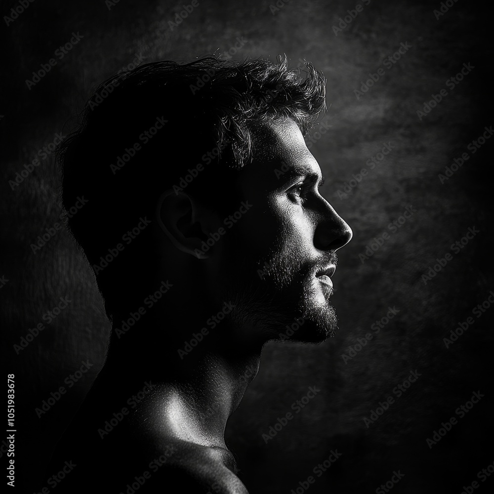 Poster captivating profile of a man in dramatic black and white lighting emphasizing emotion and depth thro
