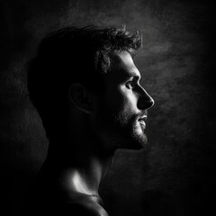 Captivating profile of a man in dramatic black and white lighting emphasizing emotion and depth through shadows and light play