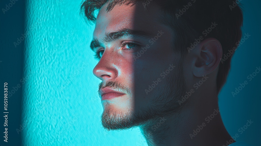Poster captivating portrait of a young man in dramatic lighting showcasing depth and expression in a minima