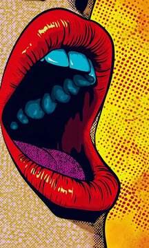 Pop art concept closeup opened woman mouth in scream vertical video background. Colorful background in pop art retro comic style. Pop art animation vertical video.
