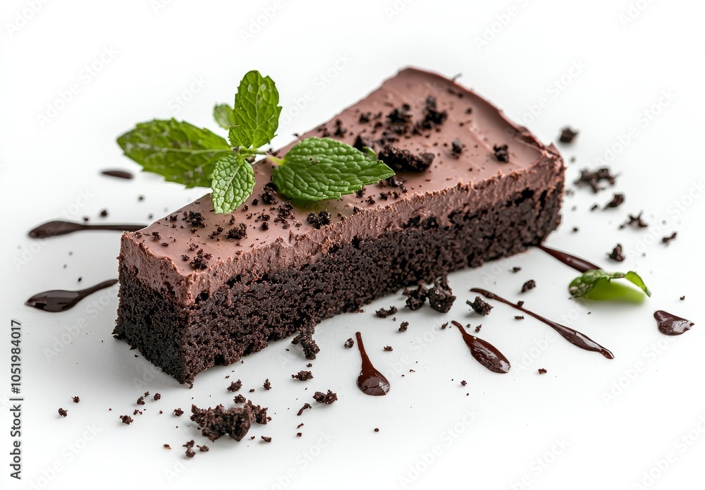 Poster isolated on a transparent background, a close-up of a chocolate cake slice with delicious glaze and 