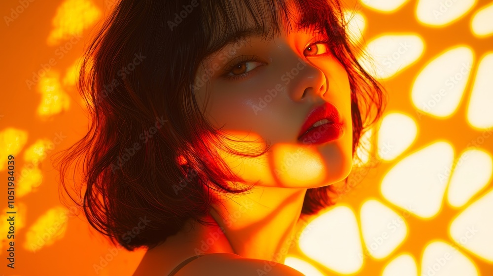 Poster captivating portrait of a woman bathed in warm light with intricate shadow patterns creating a stunn