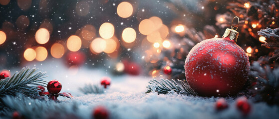 Obraz premium A red Christmas ornament sits on a snowy ground. The snow is falling around it, creating a peaceful and serene atmosphere. The ornament is the focal point of the image