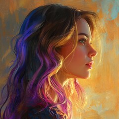 Captivating portrait of a young woman with vibrant highlights set against a colorful abstract background