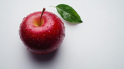 Close-up of a red apple with water droplets and a leaf on a white background. AI generated illustration