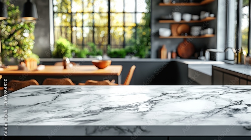 Poster marble counter table top on blurred kitchen background. can be used mock up for montage products dis