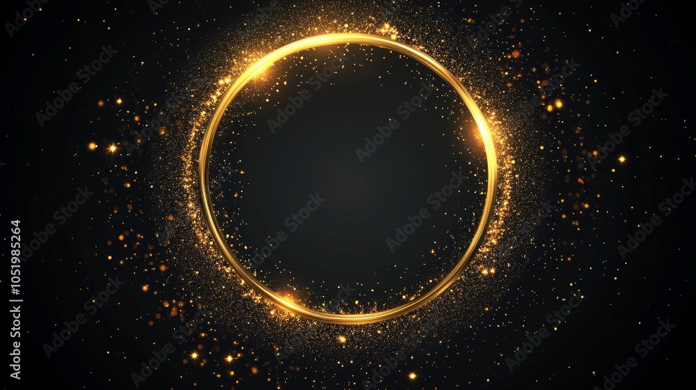 Poster a gold glitter circle on a black background with a soft glow, light sparkles scattered with varying 