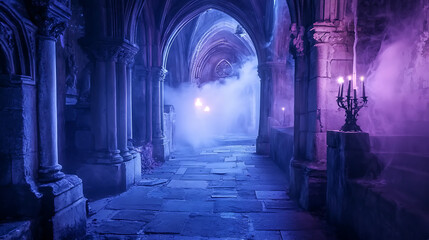 Fototapeta premium Enchanted Gothic Crypt with Magical Lights and Mist