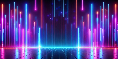 Abstract glitch glow lines streaming down in futuristic background with neon lights