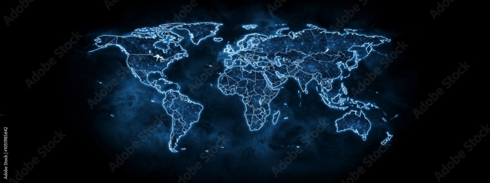 Poster Creating digital maps featuring abstract images of the world, the concept of global connectivity and the digital world, the concept of data transfer and cyber technology, as well as international