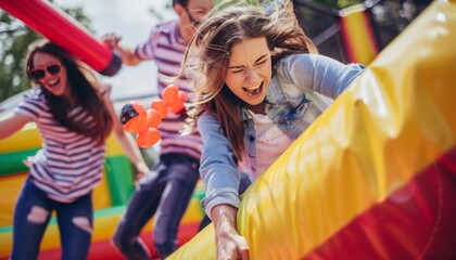 Inflatable Playground Shenanigans: Young Woman Fights Off Friends in Search of Toy Chickens