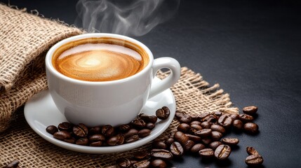 Obraz premium Pouring fresh coffee into cup, steaming, dark rustic setting