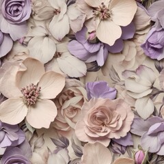 Seamless texture of vintage flowers in lavender, light pink, and beige tones.